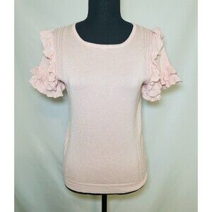 Mimi + Daphne Pink Short Sleeve Ruffled Sweater Top‎ Thin Semi Sheer Women's M
